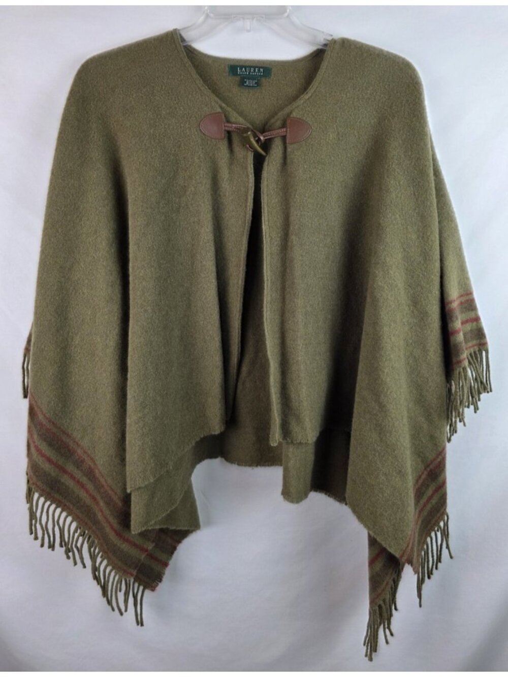 Lauren Ralph Lauren Women's Poncho One Size Green Wool Cape Shawl Wrap Tassels